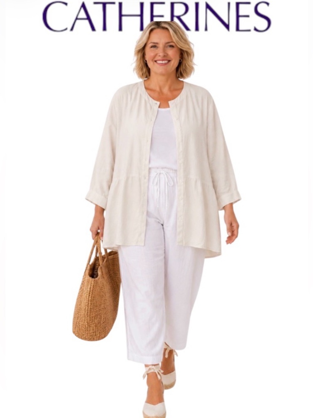 Nantucket vibes! Maggie Barnes Linen Blend  Button Up Flowy Tunic, Size 34W
